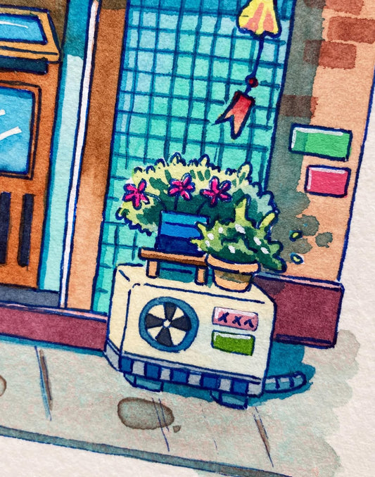 The Little Green Awning - Original Watercolor Shopfront Illustration