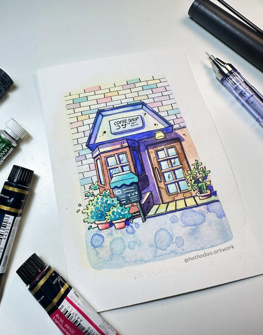 Where the Street Slows Down - Cute Watercolor Storefront Illustration
