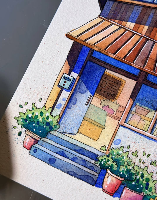 The Cookie Shop on the Blue Day - Watercolor Storefront Illustration