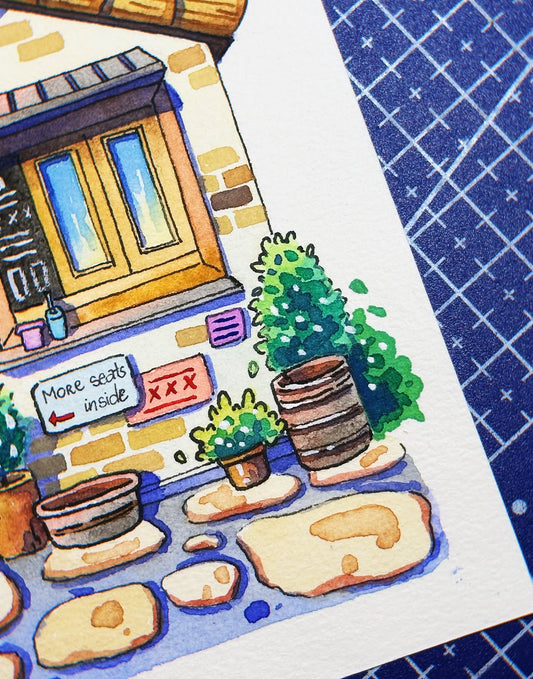 More Seats Inside - Watercolor Storefront Illustration