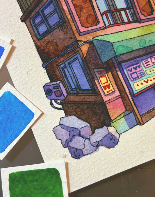 Corner Shop, Little Balcony - Watercolor Storefront Illustration
