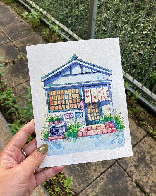 Cozy Japanese Cake Cafe - Original Watercolor Illustration