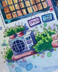 Cozy Japanese Cake Cafe - Original Watercolor Illustration