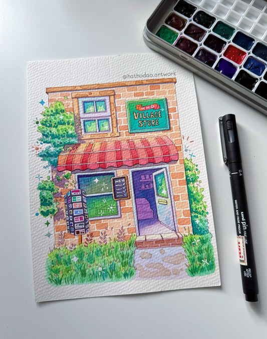 "Village Store" Brick Shop - Original Watercolor Shop Illustration