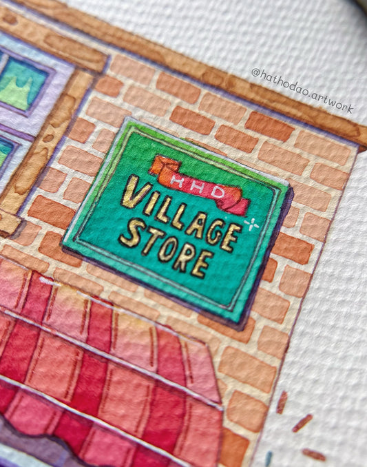 "Village Store" Brick Shop - Original Watercolor Shop Illustration
