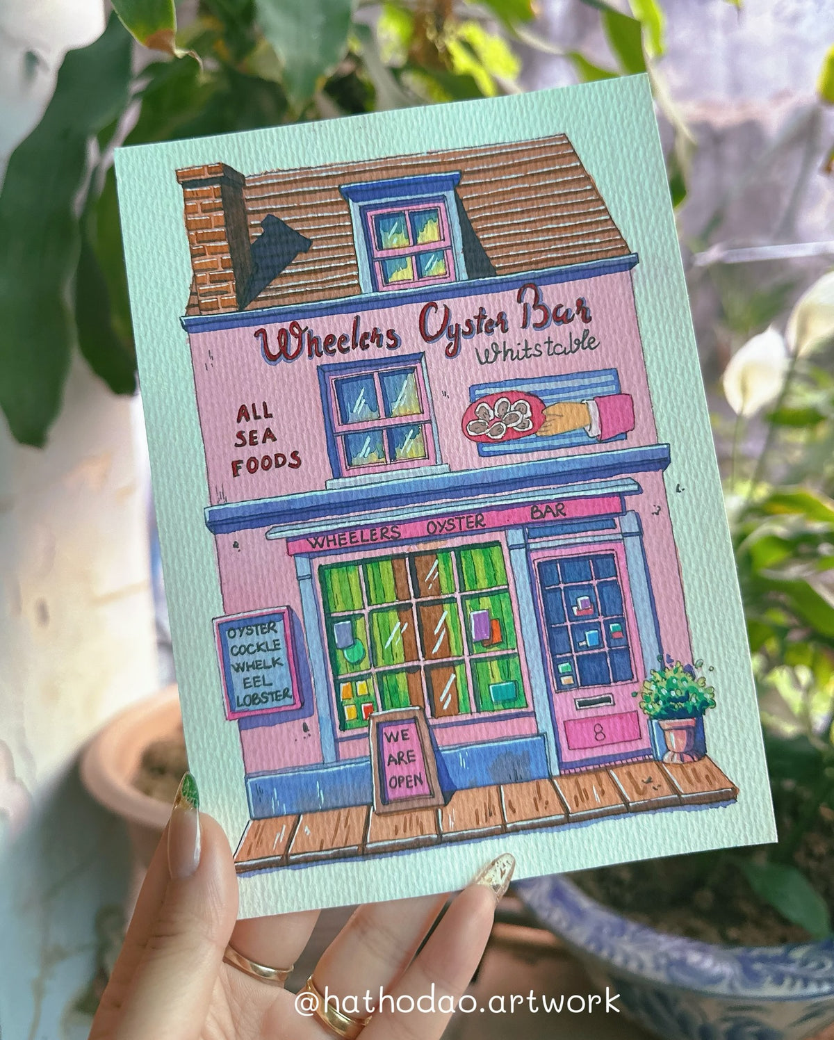 Wheelers Oyster Bar - Original Pink Shopfront Watercolor