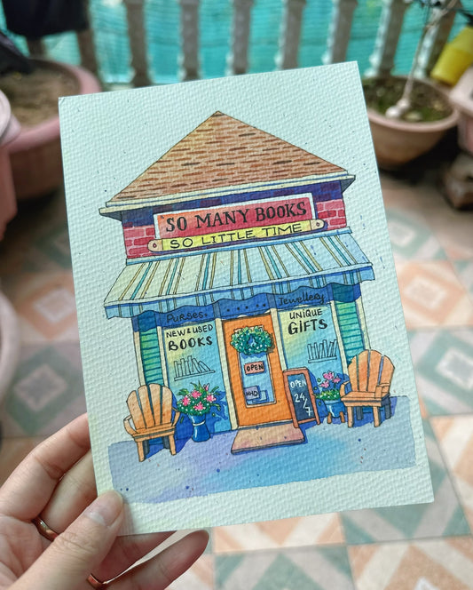So Many Books, So Little Time - Original Watercolor Shop Illustration