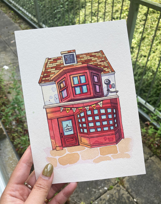 Hand-Painted Red Shop with Bunting Illustration