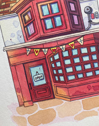 Hand-Painted Red Shop with Bunting Illustration