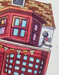 Hand-Painted Red Shop with Bunting Illustration
