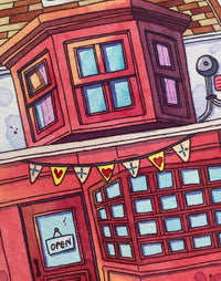 Hand-Painted Red Shop with Bunting Illustration