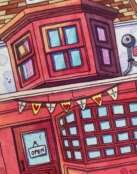 Hand-Painted Red Shop with Bunting Illustration