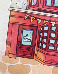Hand-Painted Red Shop with Bunting Illustration