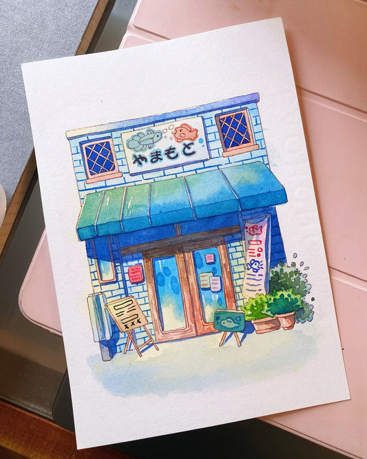 Yamamoto Fish Shop - Original Whimsical Watercolor