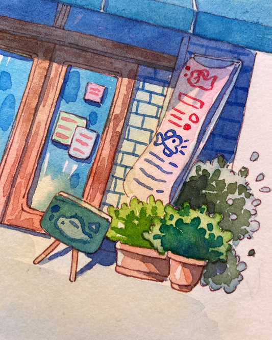 Yamamoto Fish Shop - Original Whimsical Watercolor