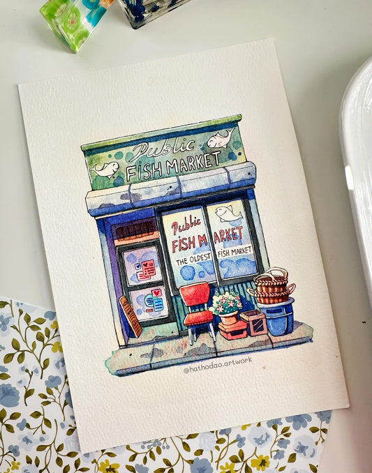 The Oldest Fish Market - Original Cute Watercolor Illustration