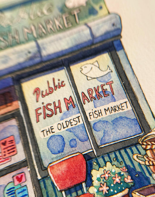 The Oldest Fish Market - Original Cute Watercolor Illustration