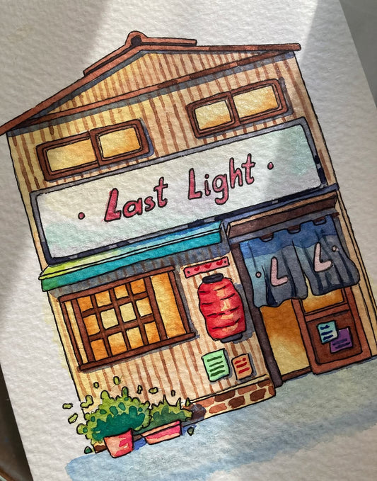 Last Light on the Corner - Watercolor Storefront Illustration