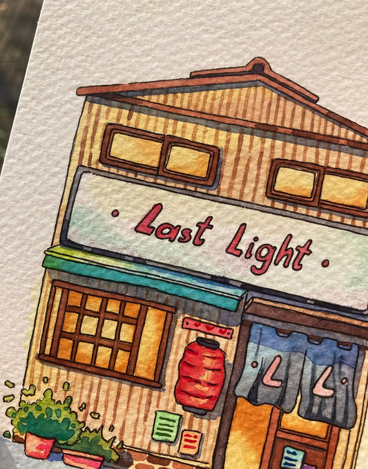 Last Light on the Corner - Watercolor Storefront Illustration