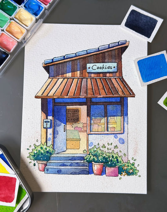 The Cookie Shop on the Blue Day - Watercolor Storefront Illustration