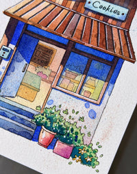 The Cookie Shop on the Blue Day - Watercolor Storefront Illustration