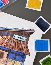 The Cookie Shop on the Blue Day - Watercolor Storefront Illustration
