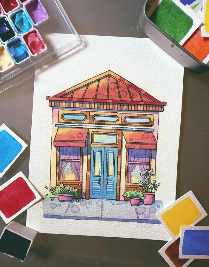 Closed Curtains, Open Imagination - Watercolor Storefront Illustration