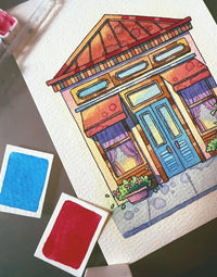 Closed Curtains, Open Imagination - Watercolor Storefront Illustration