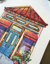 Closed Curtains, Open Imagination - Watercolor Storefront Illustration