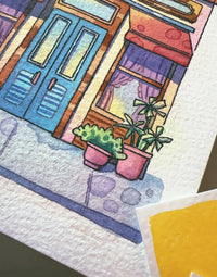 Closed Curtains, Open Imagination - Watercolor Storefront Illustration