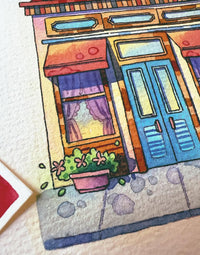 Closed Curtains, Open Imagination - Watercolor Storefront Illustration