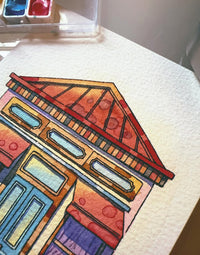 Closed Curtains, Open Imagination - Watercolor Storefront Illustration