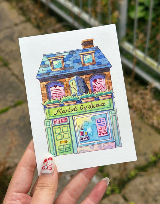 Martin's Off Licence - Watercolor Storefront Illustration
