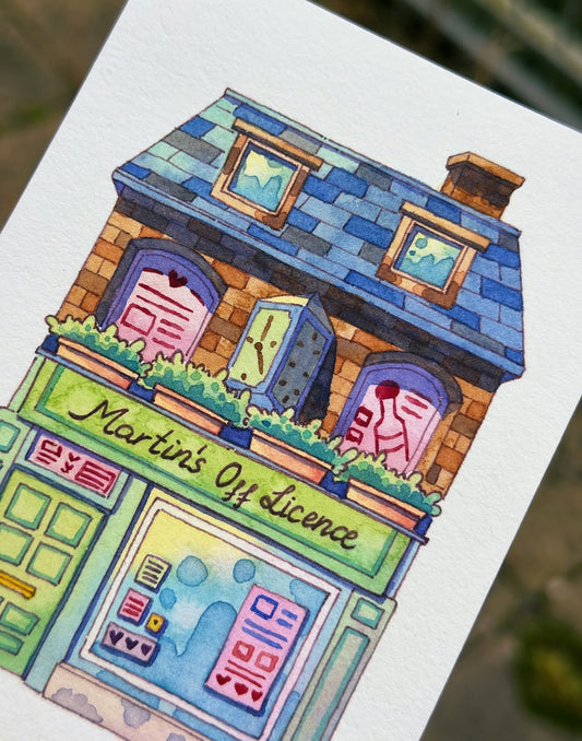 Martin's Off Licence - Watercolor Storefront Illustration