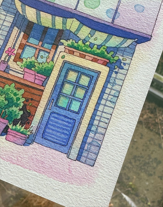Where the Plants Wait by the Door - Watercolor Storefront Illustration