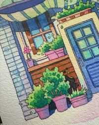 Where the Plants Wait by the Door - Watercolor Storefront Illustration