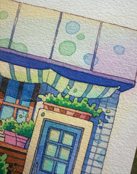 Where the Plants Wait by the Door - Watercolor Storefront Illustration