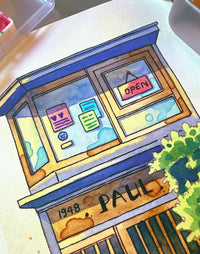 Open Sign, Old Soul - Watercolor Storefront Illustration