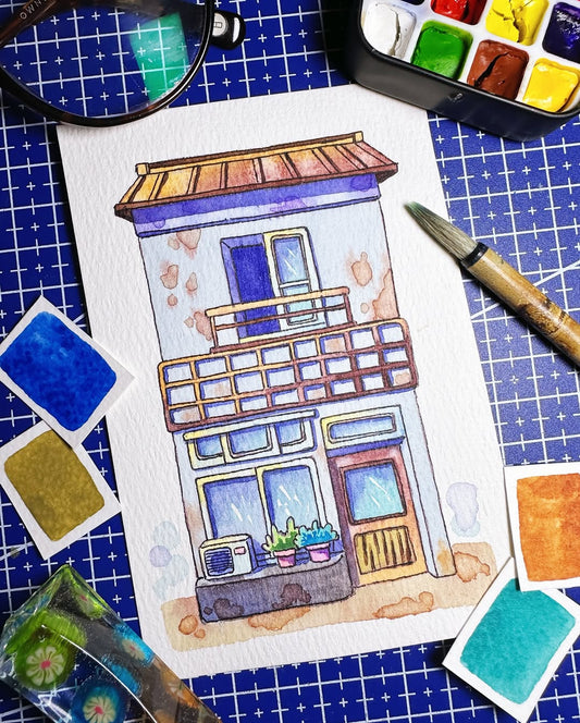 Balcony for One, Windows for the World - Watercolor Storefront Illustration