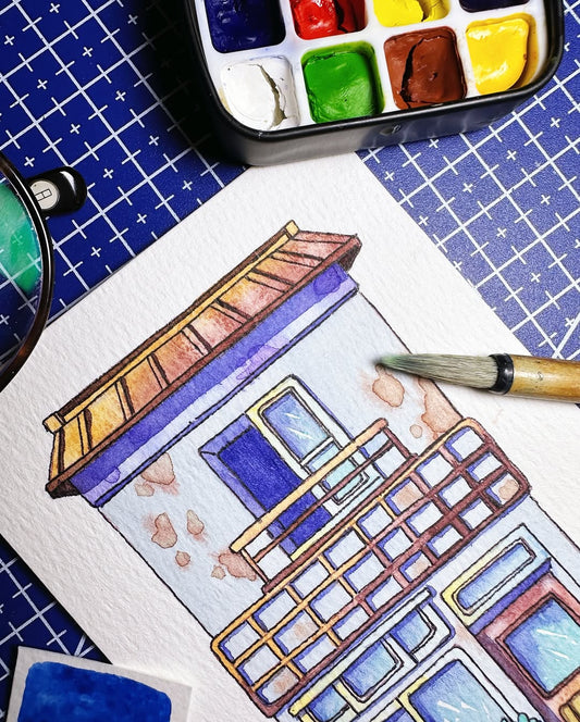 Balcony for One, Windows for the World - Watercolor Storefront Illustration
