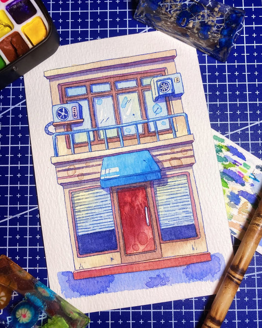 Blue Shade, Red Welcome - Watercolor Storefront Illustration