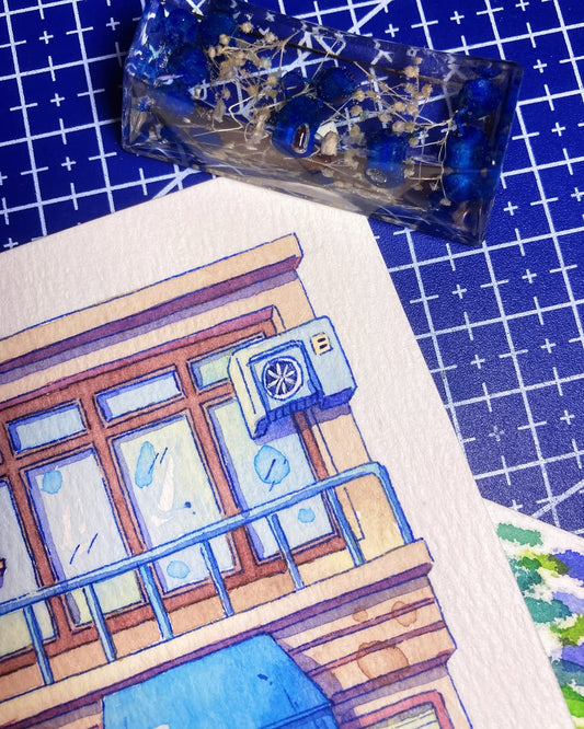 Blue Shade, Red Welcome - Watercolor Storefront Illustration