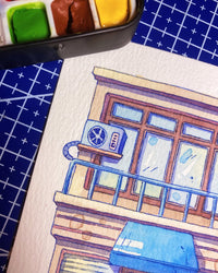 Blue Shade, Red Welcome - Watercolor Storefront Illustration