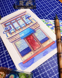 Blue Shade, Red Welcome - Watercolor Storefront Illustration