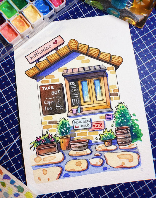 More Seats Inside - Watercolor Storefront Illustration