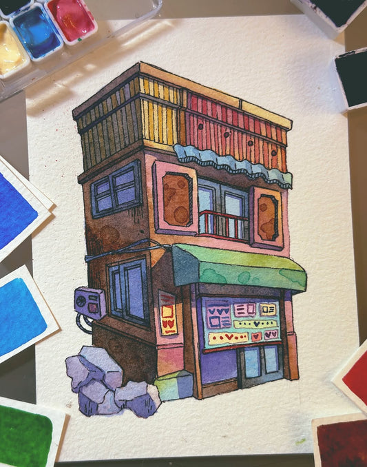 Corner Shop, Little Balcony - Watercolor Storefront Illustration
