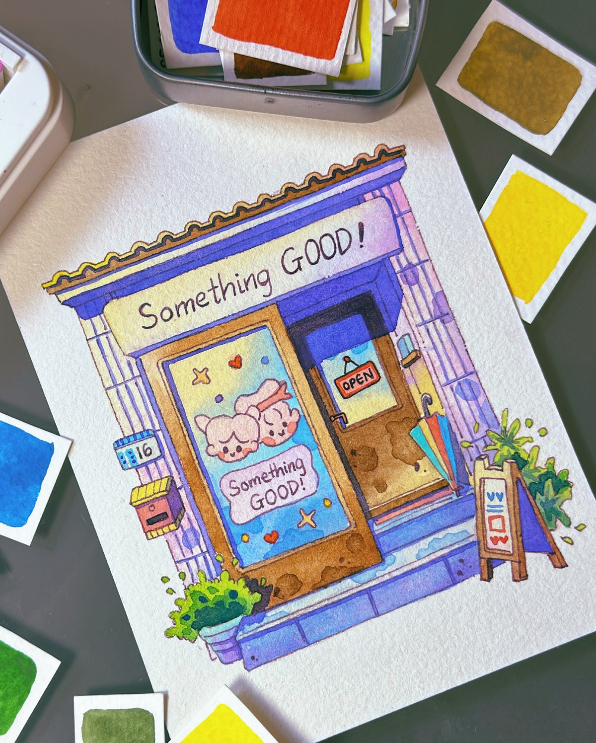 "Something Good!" Shop - Cute Watercolor Storefront Illustration