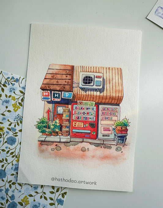A Little Corner Vending Shop - Cozy Original Watercolor Illustration