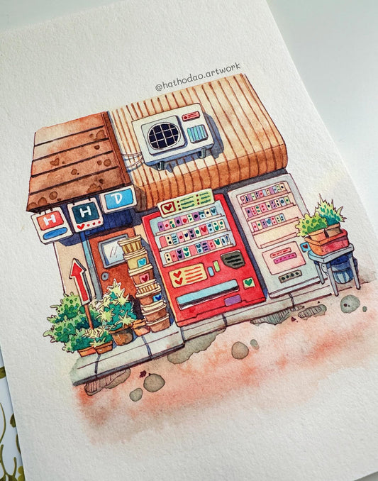 A Little Corner Vending Shop - Cozy Original Watercolor Illustration