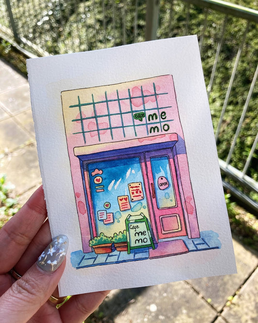 A Pink Café That Says Come Back - Watercolor Storefront Illustration